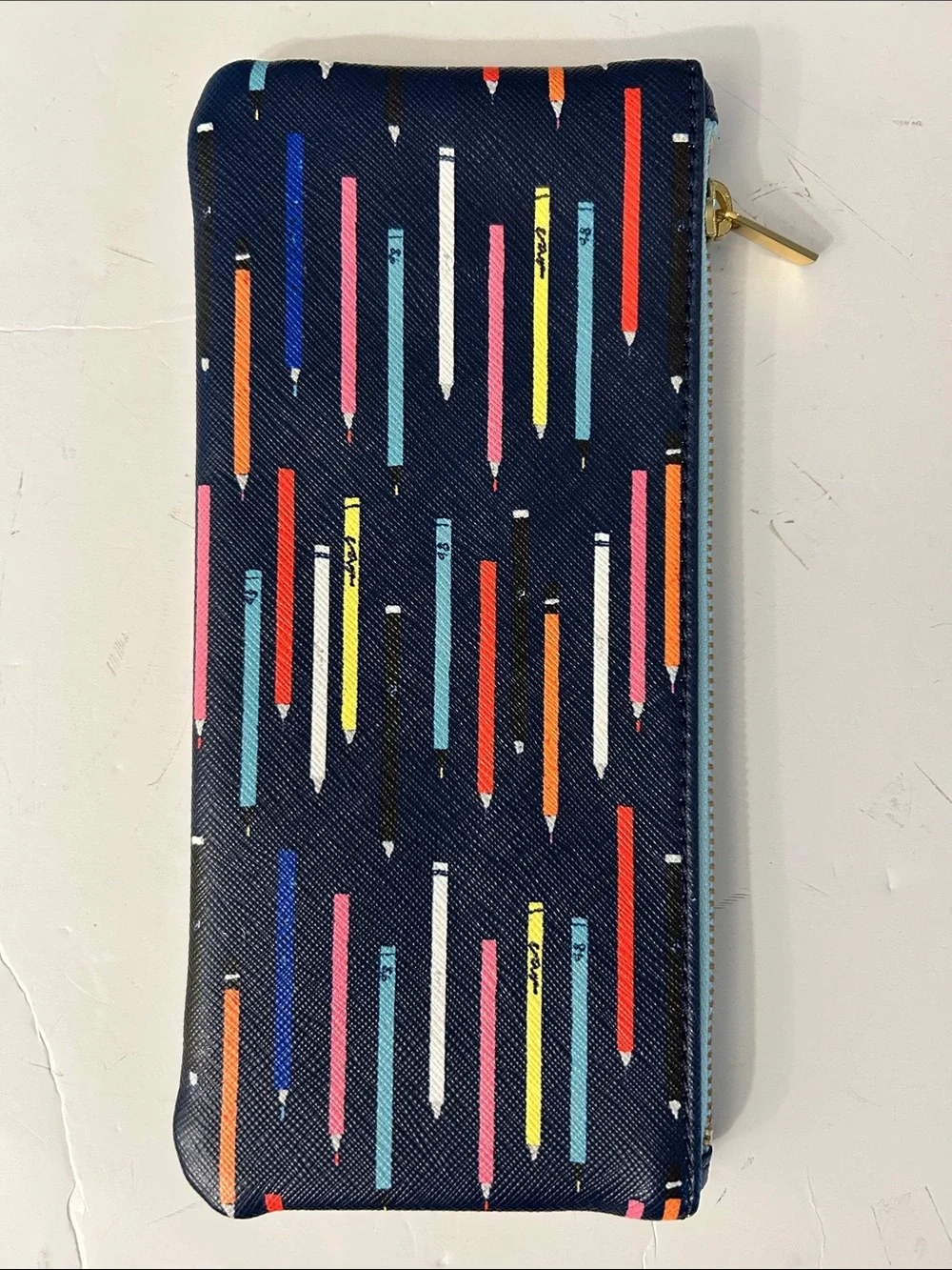 Anthropologie Navy Pencil Print Zip Pouch with Multicolor Accents